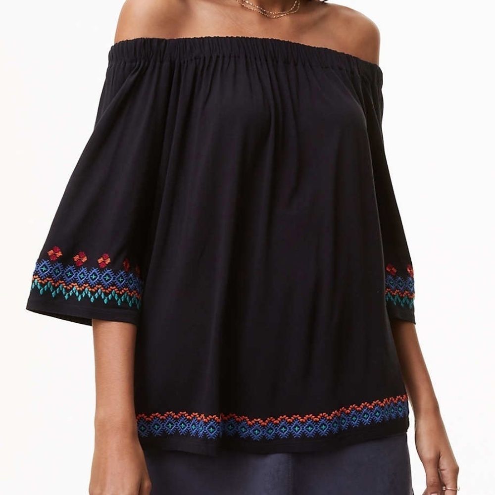 EUC LOFT Border Embroidered Off The Shoulder Top